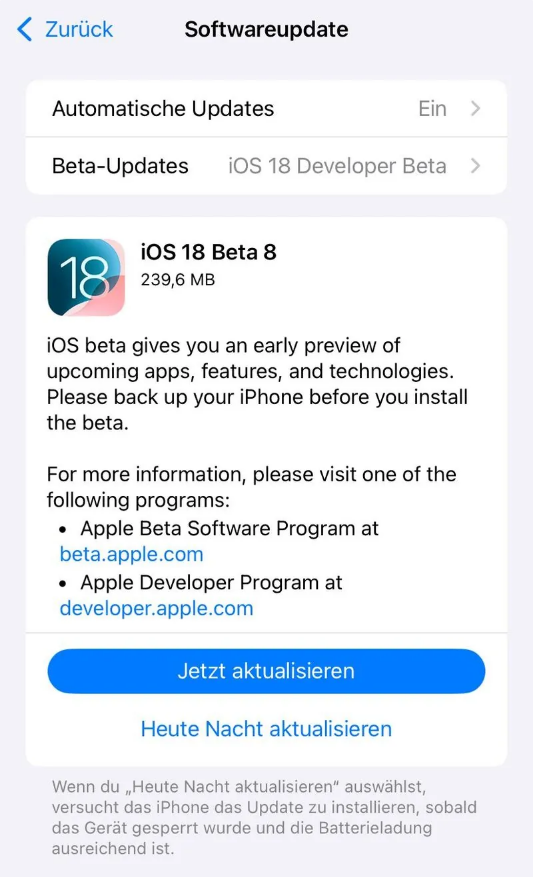 榆次苹果手机维修分享苹果 iOS / iPadOS 18 开发者预览版 Beta 8 发布 